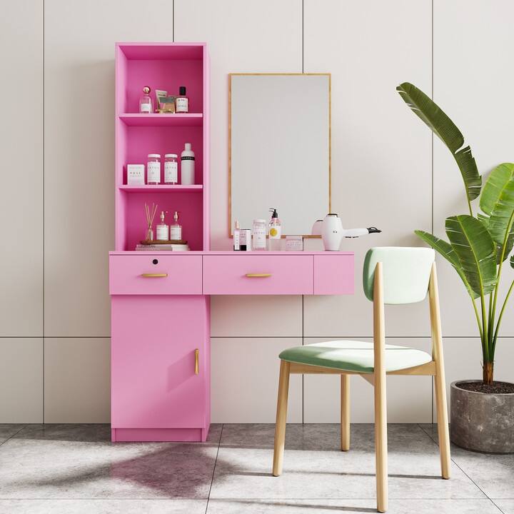 Pink modern simple hair desk, multi-layer storage space - Pink