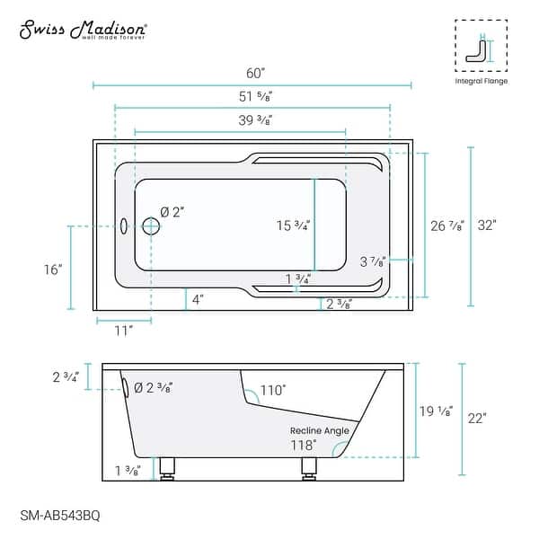 dimension image slide 10 of 20, Swiss Madison Voltaire, Acrylic White, Alcove, Integral Armrest, Bathtub with Apron