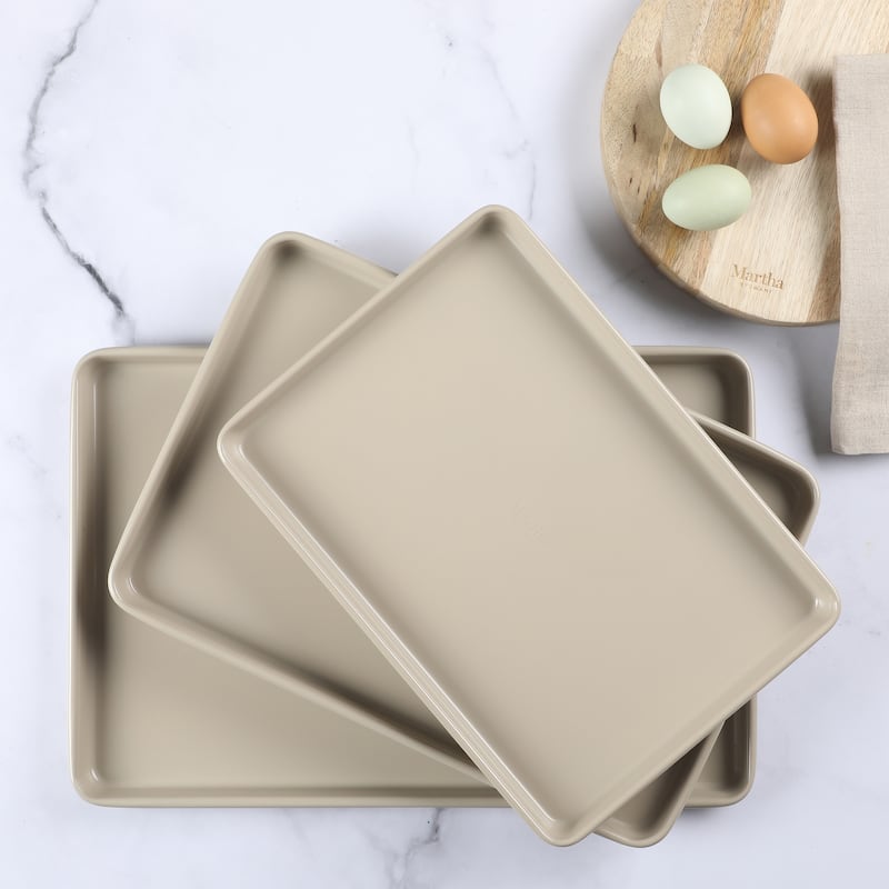 Martha Stewart 3-Piece Cookie Sheet Set - 13", 15", 17" Baking Pans, Ceramic Nonstick, PFA-Free, Carbon Steel