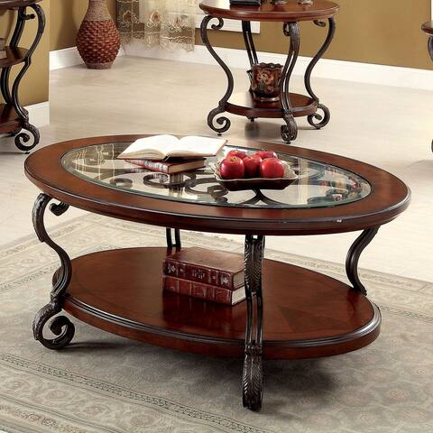 Wooden Coffee Table With Metal Frame in Brown Cherry Finish