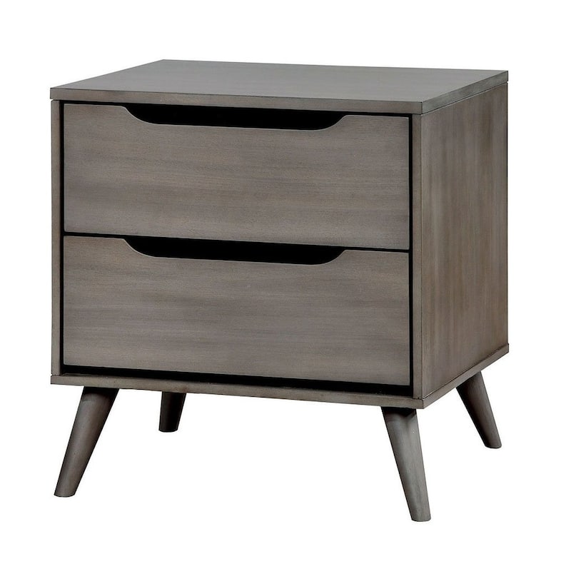 Mid-Century Modern 1pc Nightstand Bedroom Furniture Solid wood Round Tapered Legs 2-Drawers Bedside Table - Grey