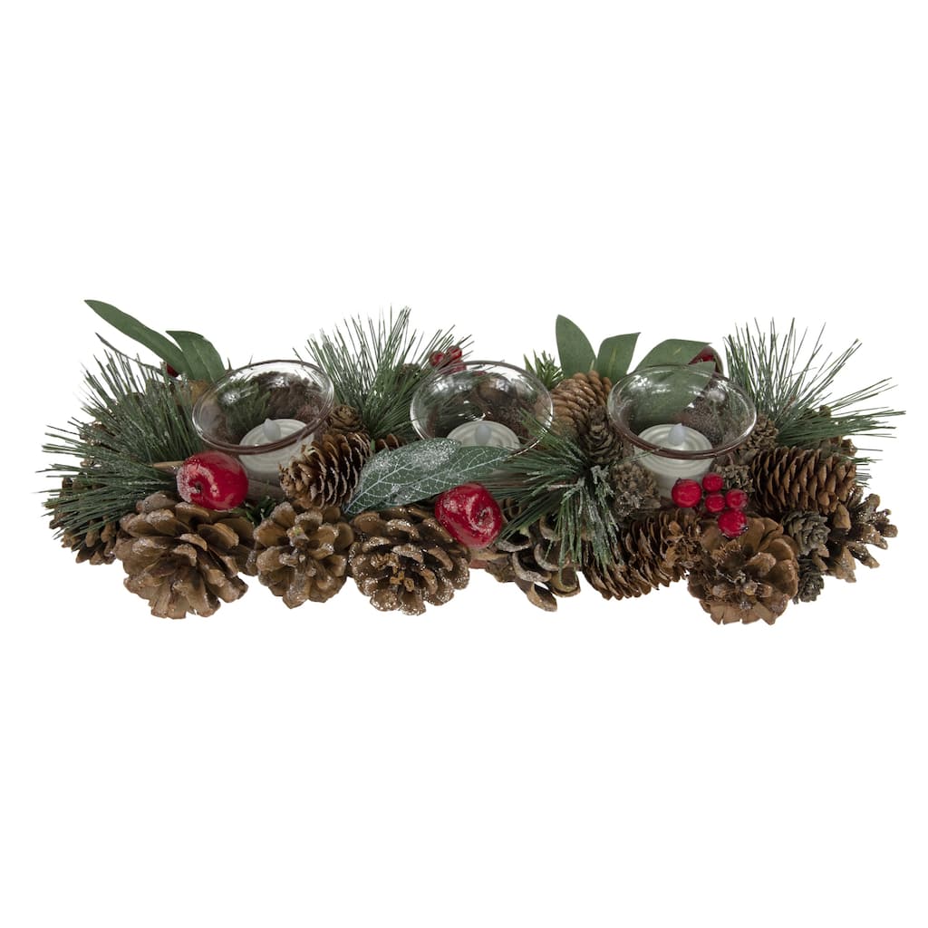 15.25" Glitter Pinecones and Red Berries Tealight Christmas Candle Holder