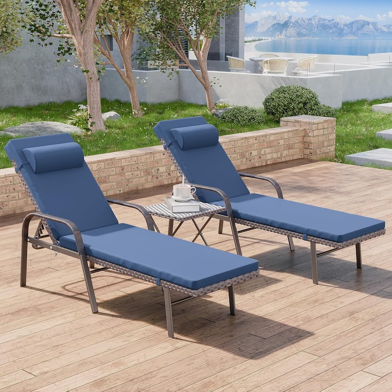 3-Piece Outdoor Wicker Chaise Lounge with Armrests and Cushions