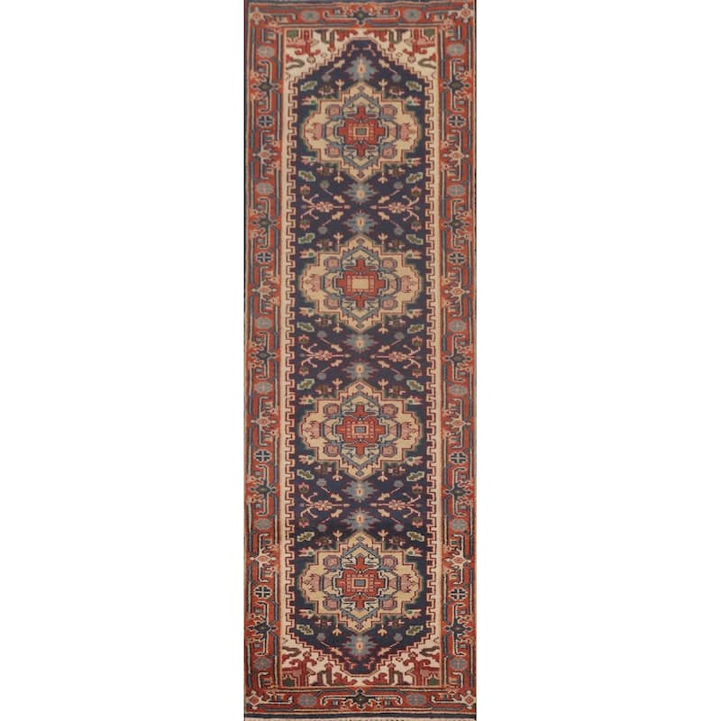 Navy Blue Heriz Serapi Runner Rug Hand-Knotted Wool Carpet - 2'7"x 9'10"