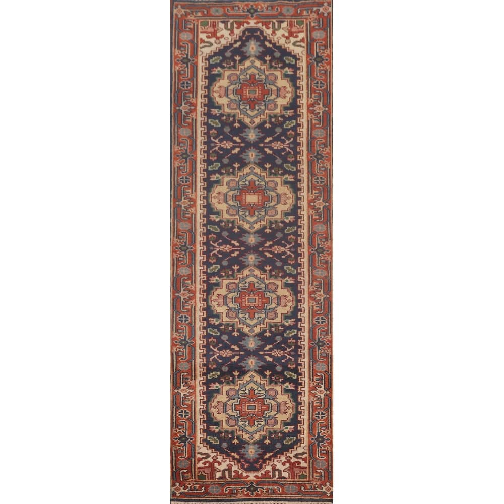 Navy Blue Heriz Serapi Runner Rug Hand-Knotted Wool Carpet - 2'7"x 9'10"