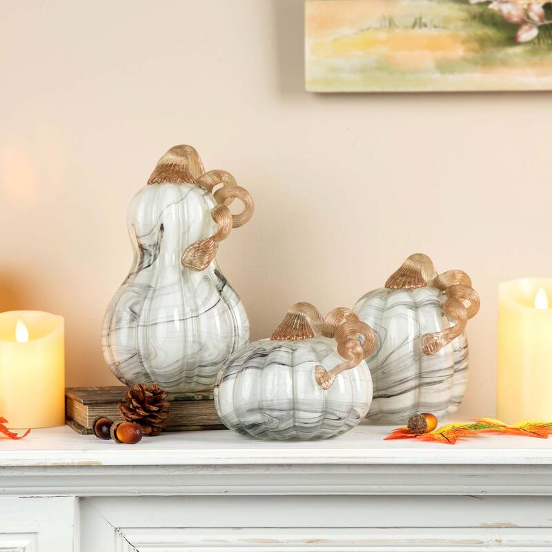 Glitzhome Fall Harvest Gray Marble Glass Pumpkin & Gourd Chinese Ink Wash Painting Style for Thanksgiving Decor (Set of 3)