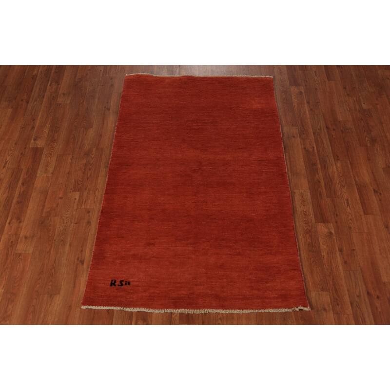 Orange Gabbeh Modern Rug Hand-Knotted Solid Wool Carpet - 3'2" x 4'11"