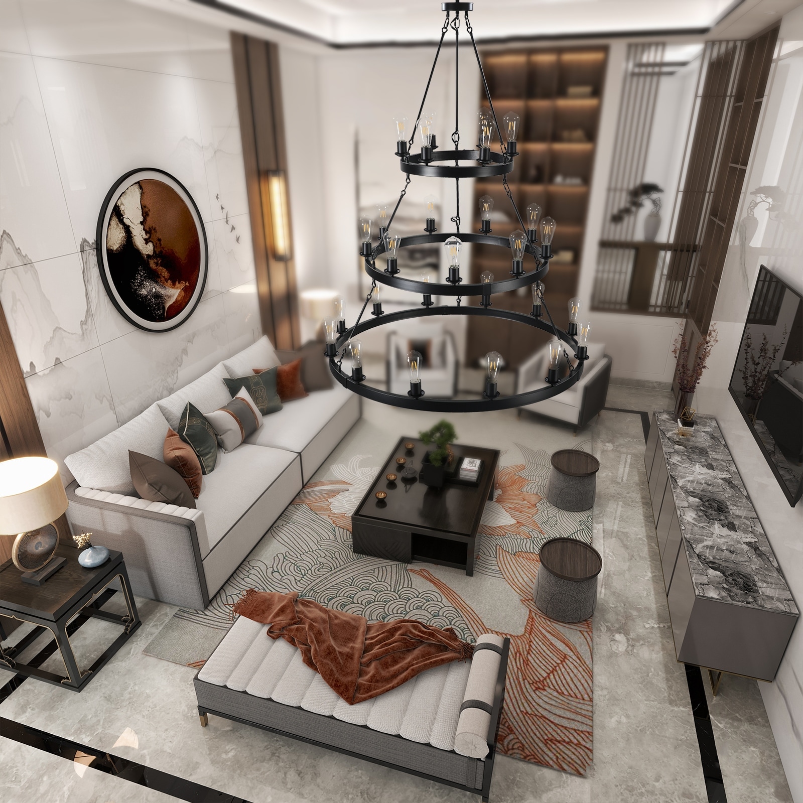 27 Light Metal Ring Chandelier Black Living Room Bedroom