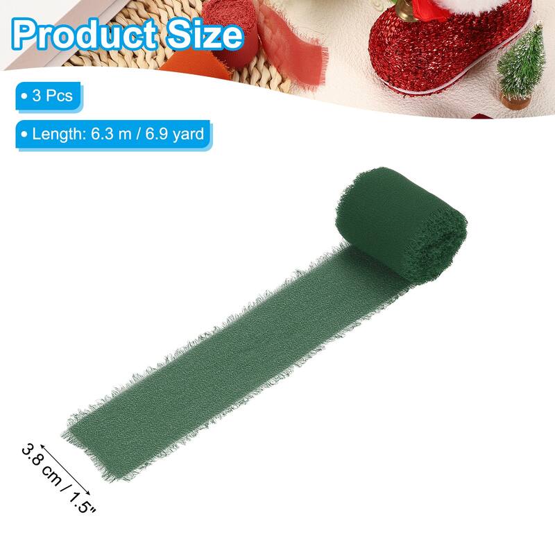 3 Roll 1.5"x7 Yd Handmade Fringe Chiffon Ribbon Frayed Silk Ribbon - 1.5"x7 Yd - Dark Green