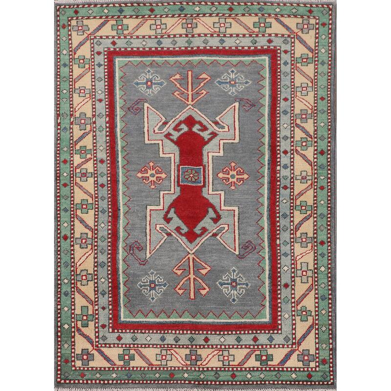 Gray Geometric Kazak Foyer Rug Hand-Knotted Traditional Wool Carpet - 3'4" x 4'9"