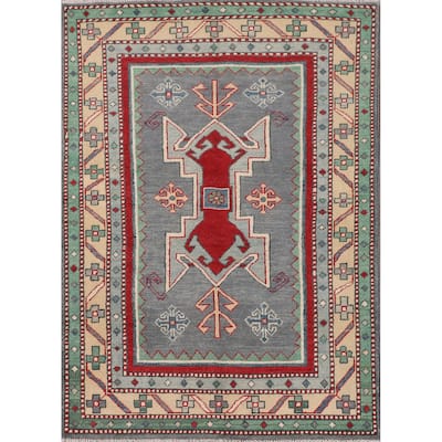 Gray Geometric Kazak Foyer Rug Hand-Knotted Traditional Wool Carpet - 3'4" x 4'9"
