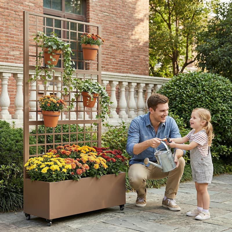 Movable Raised Garden Bed with Trellis and Lockable Wheels