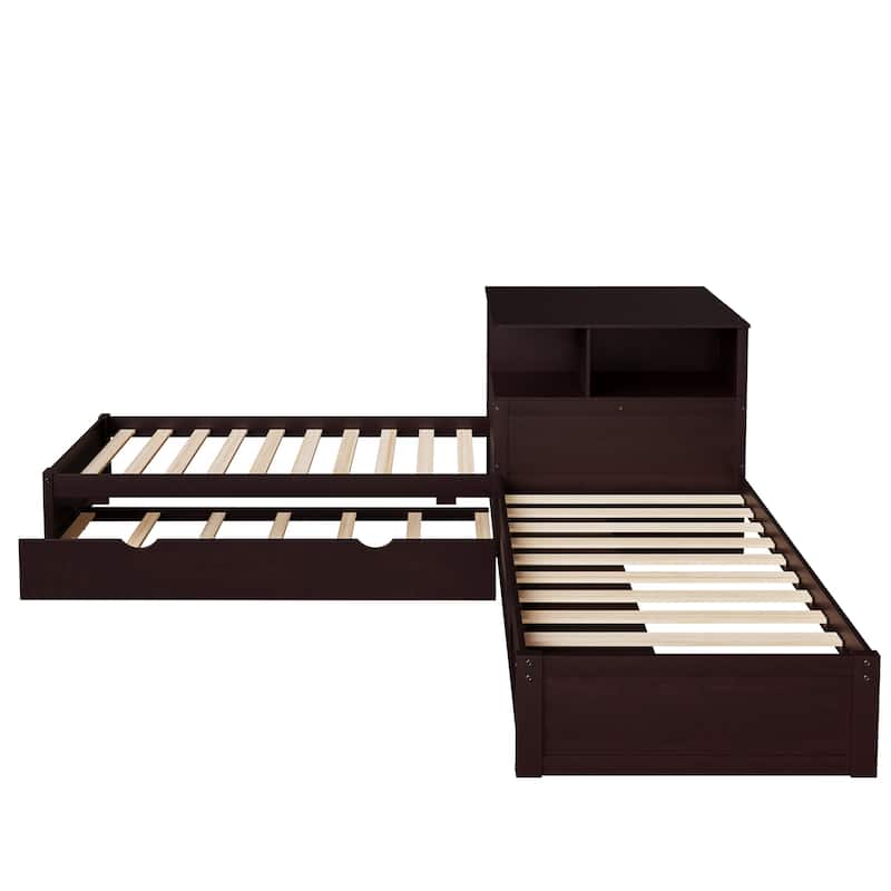 Roomfitters Twin L-Shaped Platform Bed with Trundle, Storage Cabinets and LED Desk