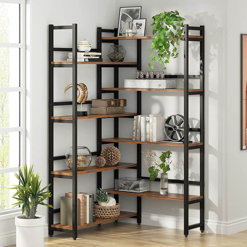Corner Bookshelf 8-Tier Industrial Bookcase - Rustic Brown