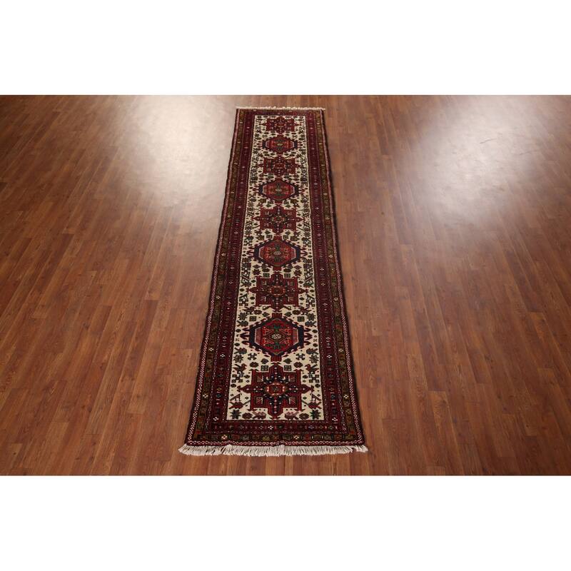 Tribal Gharajeh Persian Runner Rug Handmade Beige Wool Carpet - 2'7"x 9'7"