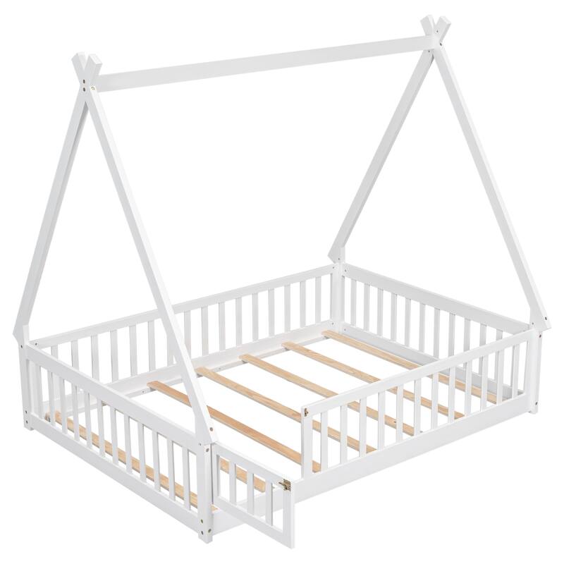 Tent-Shaped Full Bed with Guardrails and Door, Floor Bed Design for Kids