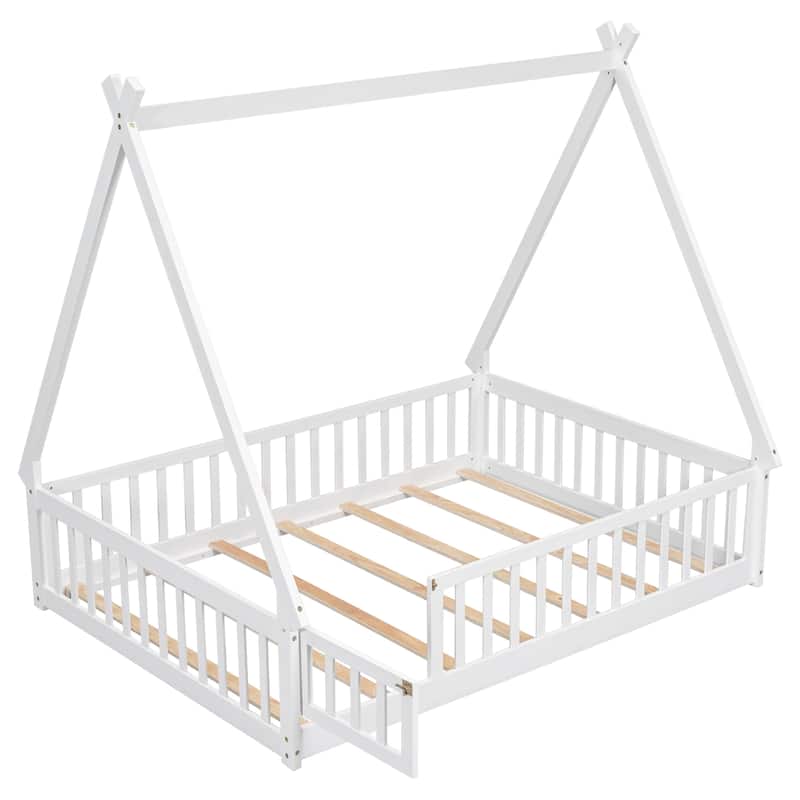 Tent-shaped Floor Bed, with Guardrails, Slats, Door