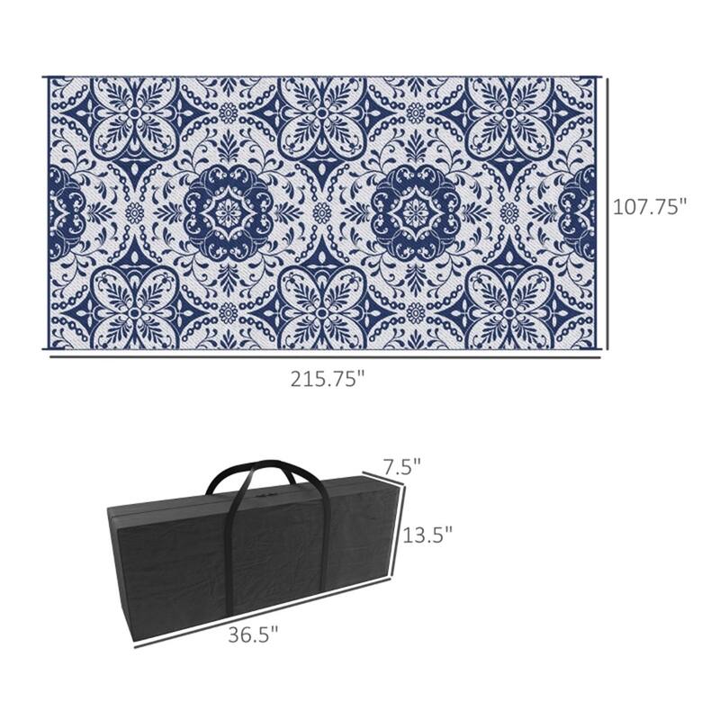 Reversible Outdoor Rug Large Picnic Blanket with Carry Bag for Camping, RV Trips and Backyard Use Blue White Floral