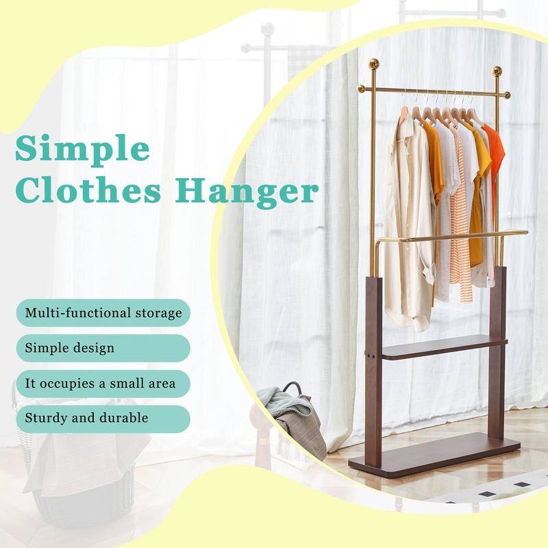 68.9" Walnut and Gold Steel Coat Rack,Double Layer Solid Wood Design