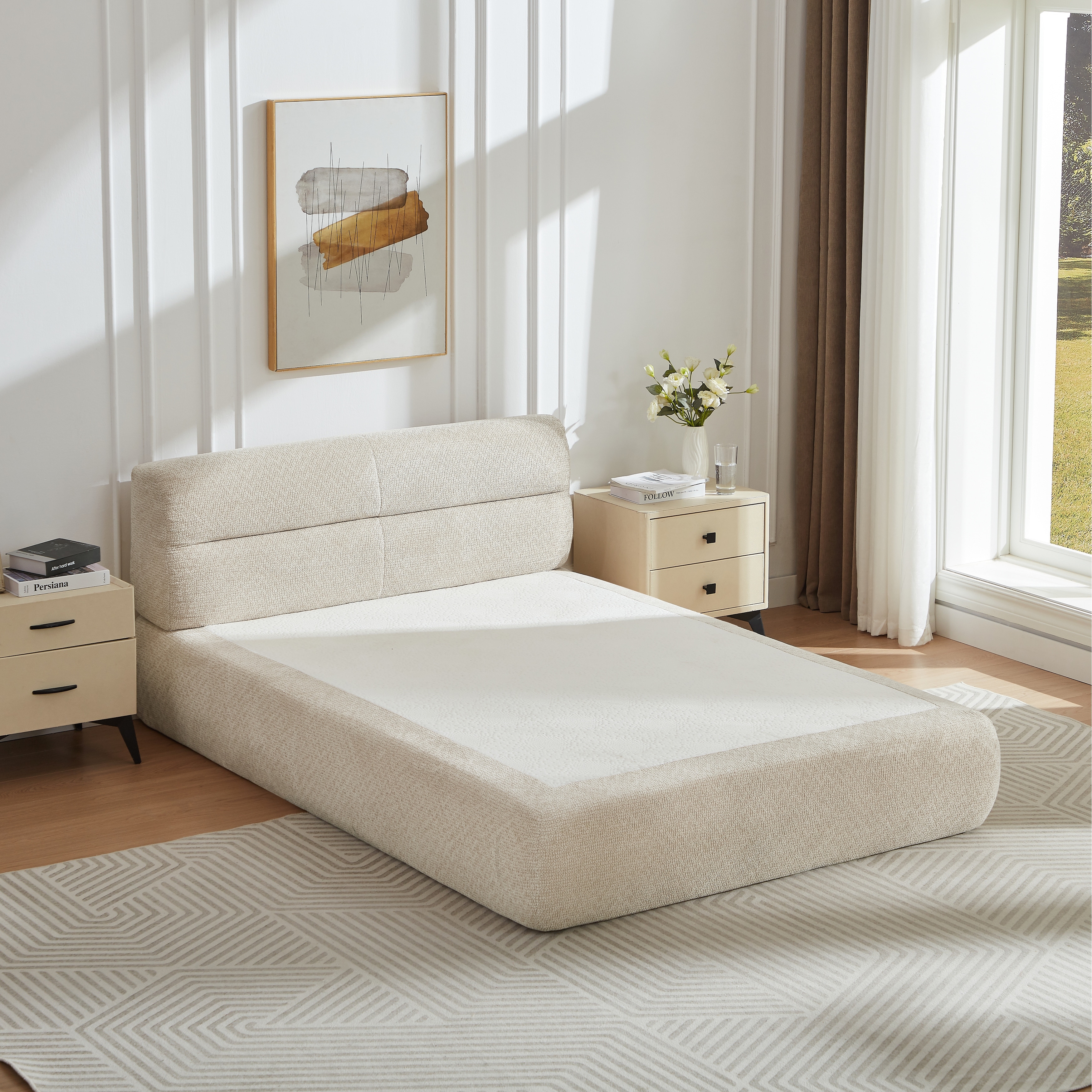 Roomfitters Modern Upholstered Platform Bed, Low Profile Chenille Bed Frame with Padded Headboard for Bedroom