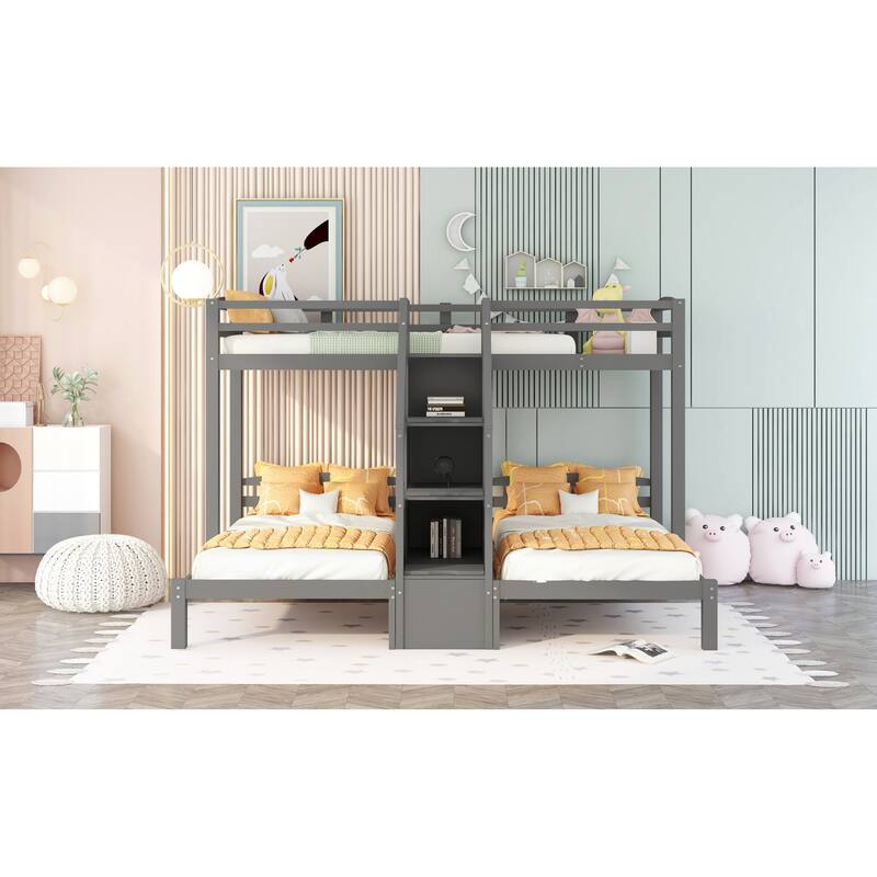 Gray Twin over Twin & Twin Bunk Bed with Built-in Storage Staircase and Storage Shelves