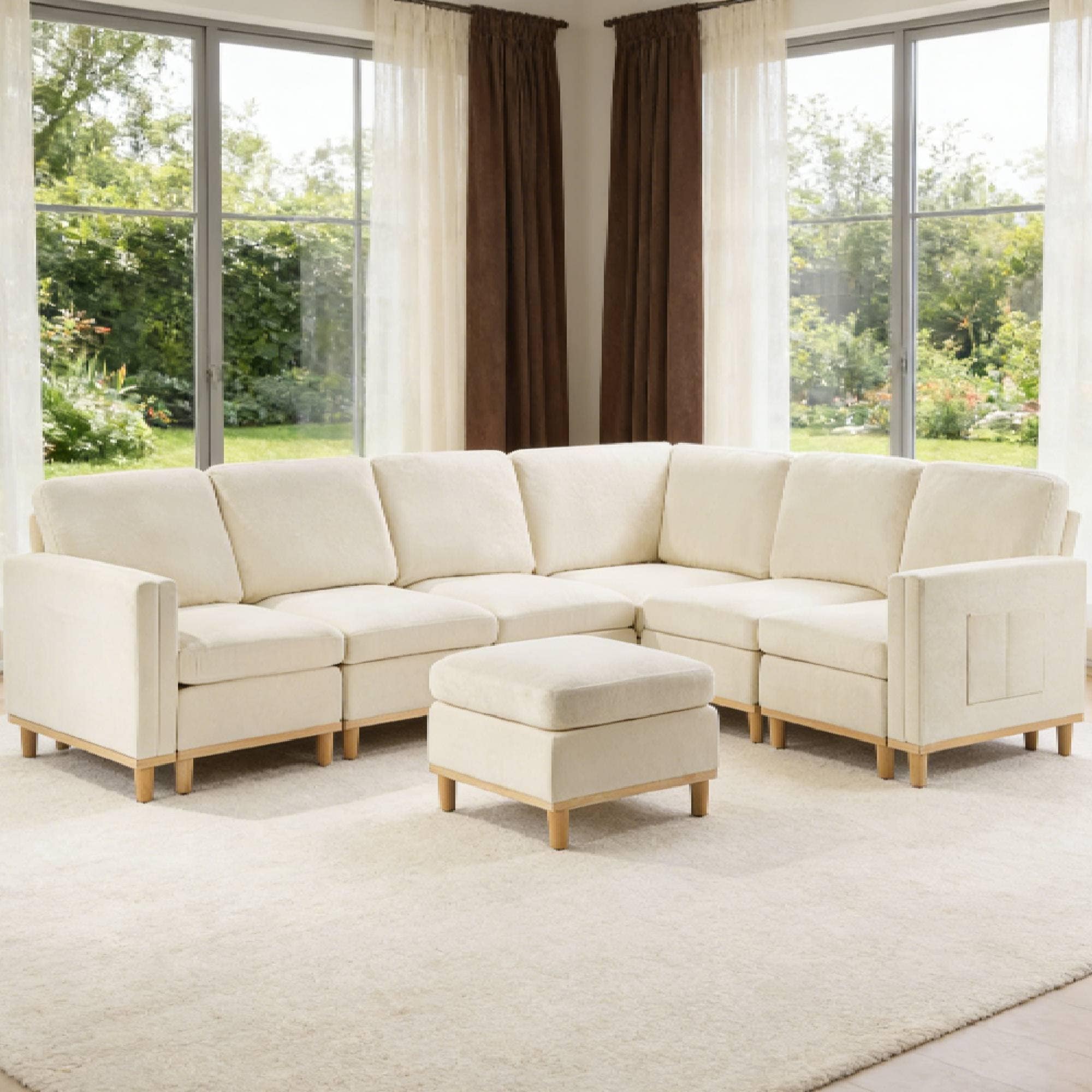 Roomfitters Modern Sectional Sofa Corner L-Shaped Fabric Couch with Ottoman and Side Storage Pocket for Living Room