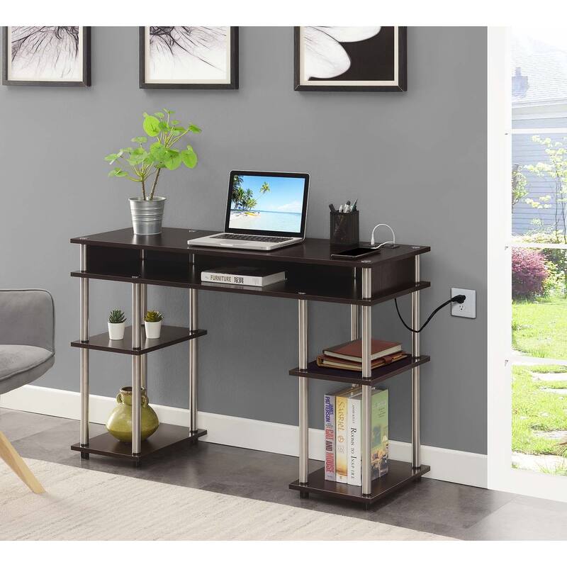 Convenience Concepts Designs2Go No Tools Student Desk with Charging Station and Shelves - Espresso