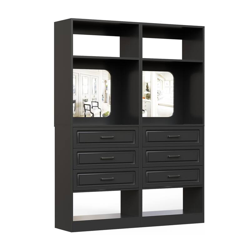 Cimly 25'' Freestanding Closet System with Drawers and Mirror, Display Shelves Organizer with Shelving - Black - Set of 2