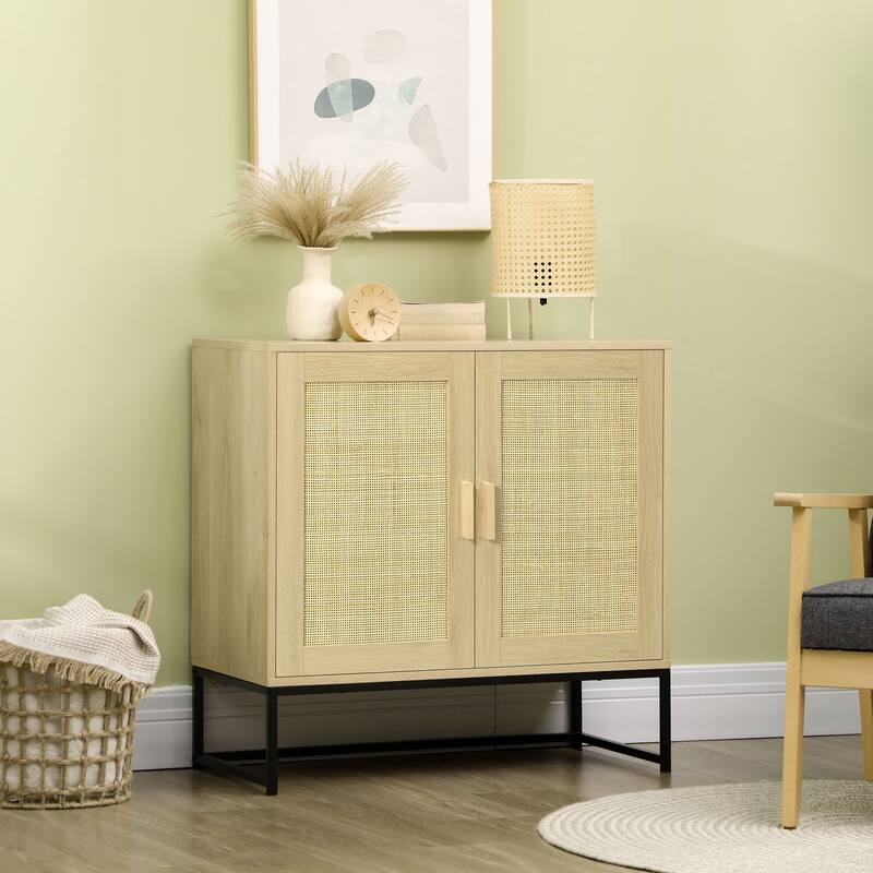 Accent Cabinet, Sideboard Buffet Cabinet with Rattan Doors, Adjustable Shelf and Metal Base