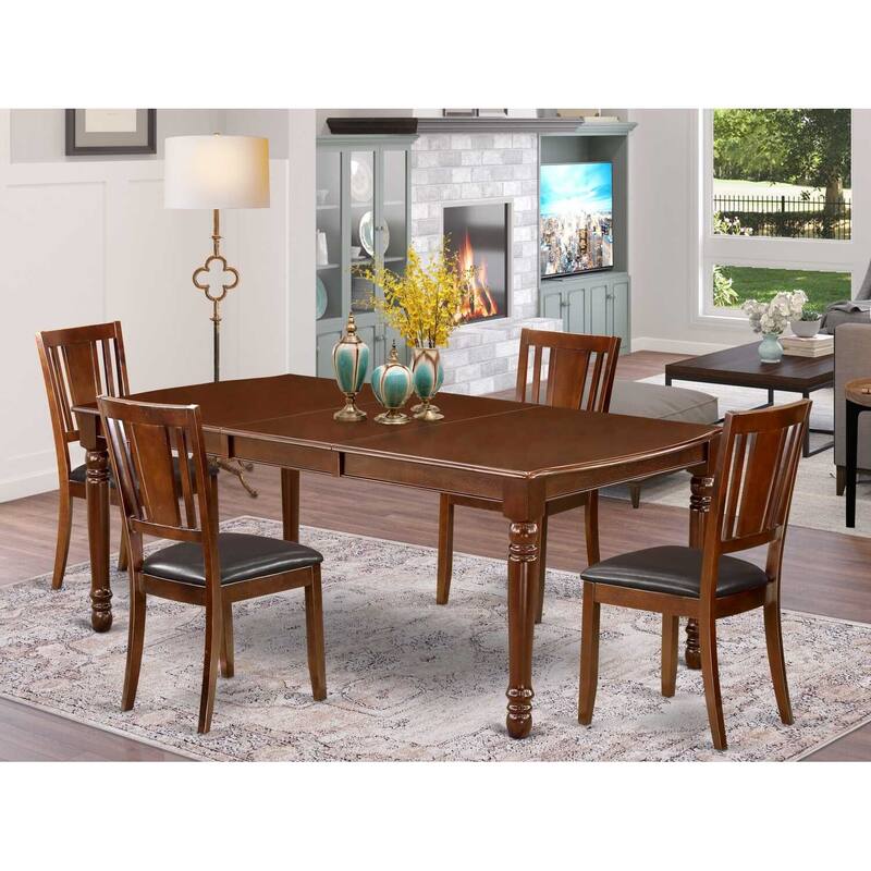 Rococo Romance Dining Set - 60x78 Inch Table with Butterfly Leaf & 4 Faux Leather Chairs