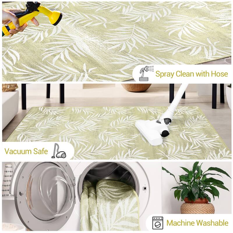 Modern Washable Area Rug - With Tropical Leaf Pattern for Living Room, Bedroom, Soft Non Slip Non Shedding