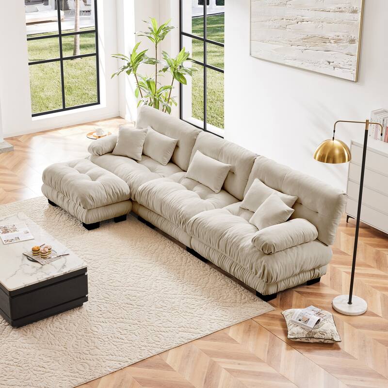 GDFStudio - Octavian Chenille 3-Seater Cloud Sofa with 1 Convertible Ottoman - Light Coffee