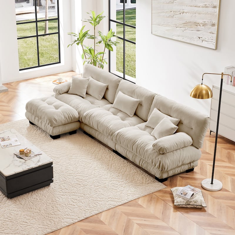 L-Shaped Indoor Sectional Sofa Cloud Couch with Ottoman - Light Coffee