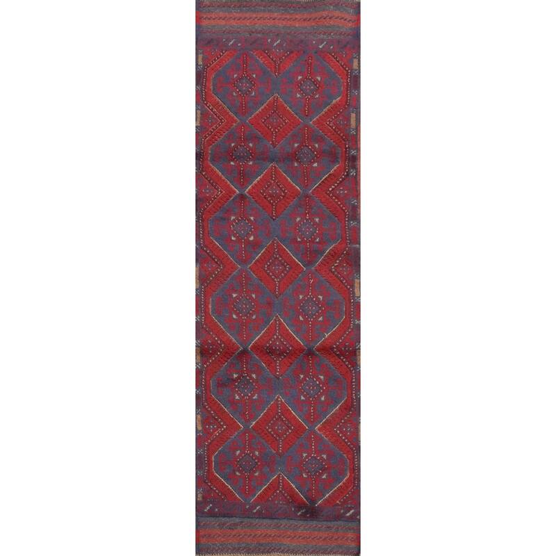 Hand Knotted Oriental 100% Wool Carpet Traditional Tribal Navy Blue & Blues Balouch Runner Rug - 7' 11'' X 1' 10''