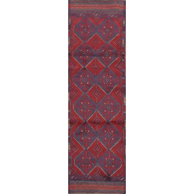 Hand Knotted Oriental 100% Wool Carpet Traditional Tribal Navy Blue & Blues Balouch Runner Rug - 7' 11'' X 1' 10''