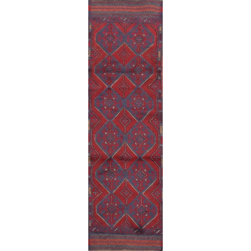 Hand Knotted Oriental 100% Wool Carpet Traditional Tribal Navy Blue & Blues Balouch Runner Rug - 7' 11'' X 1' 10''