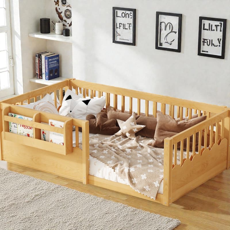 Twin Floor Bed with Heightened Fence and Bookshelf, Wooden Montessori Floor Bed for Kids, Low Profile Design