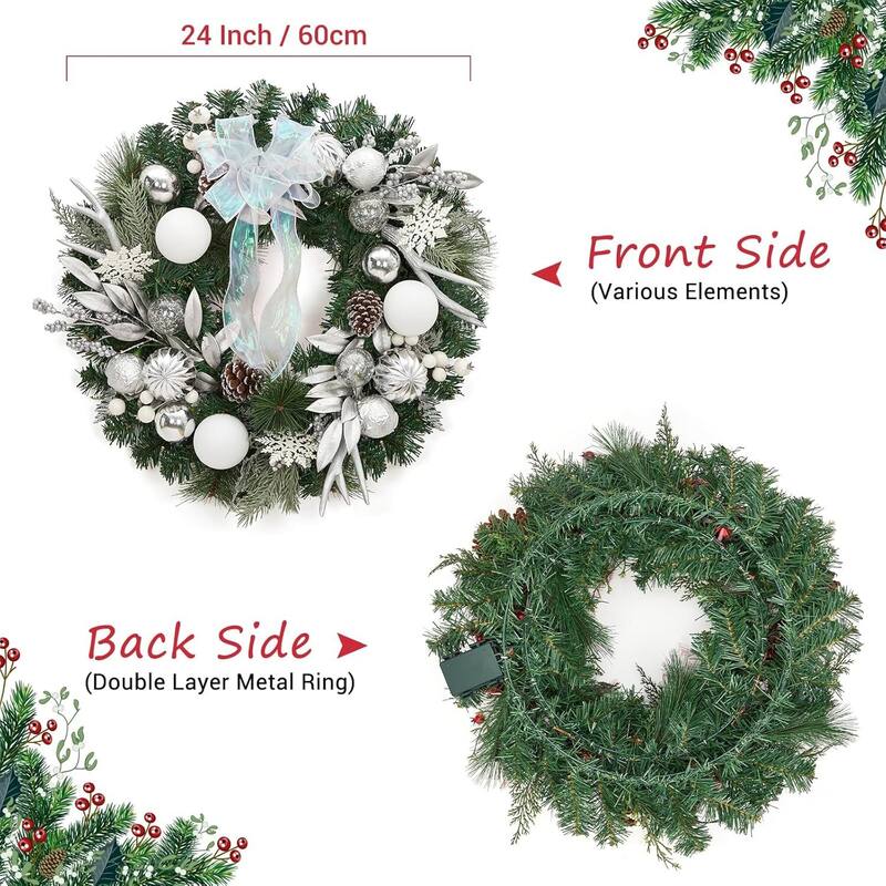 24" Pre-Lit Christmas Wreath for Front Door, Silver White