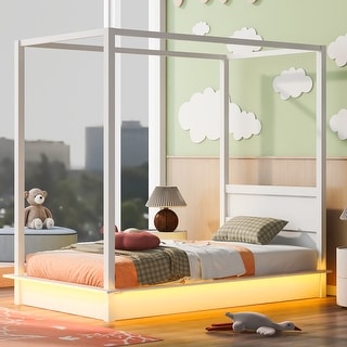 Canopy Platform Bed with LED Lights and Headboard, White