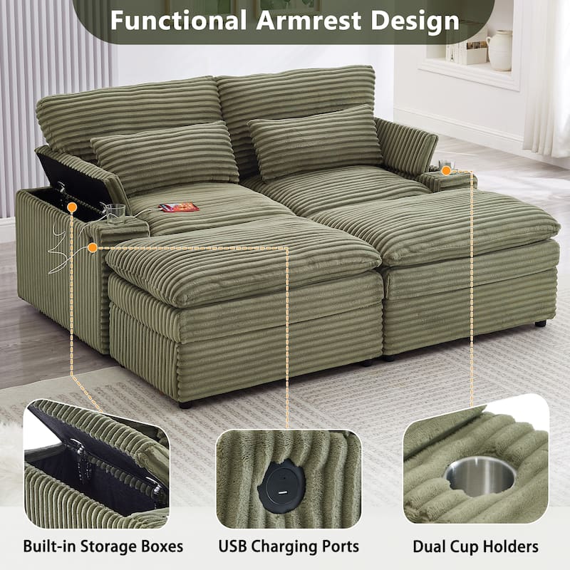 Roomfitters 70.9-Inch Loveseat Sofa, Convertible Sectional Sofa Bed with Storage, 2 Movable Ottomans