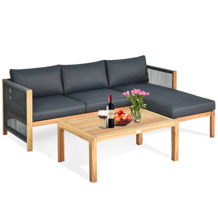 3 Piece Patio Acacia Sofa Set with Nylon Armrest - 52" x 26" x 25"(L x W x H)