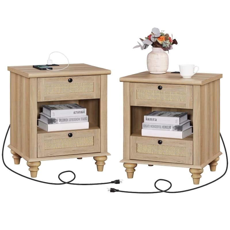 Mid Century End Table Nightstands with Charging Station & Drawer - 2 Piece - Light Oak