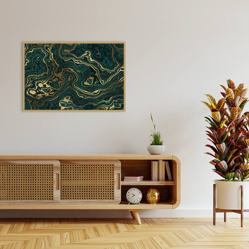 Teal and Yellow Marble Swirl II by Amini54 Framed Canvas Wall Art Print