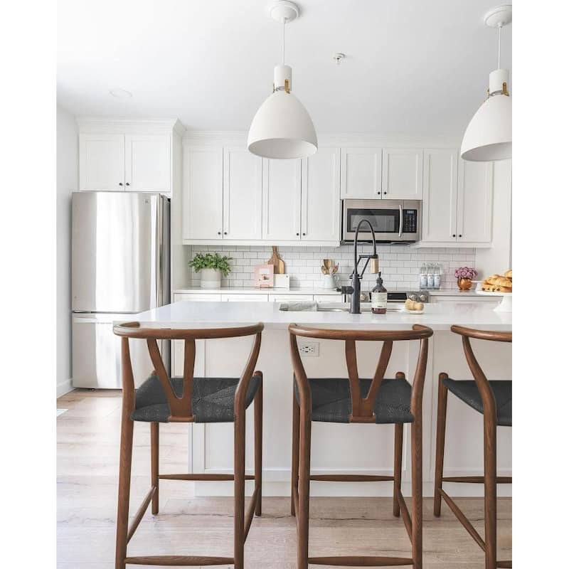 Solid Wood Countertop Height Barstool with Open Y Back Farmhouse Woven Organic Chair For Kitchen Bedroom Designer - N/A
