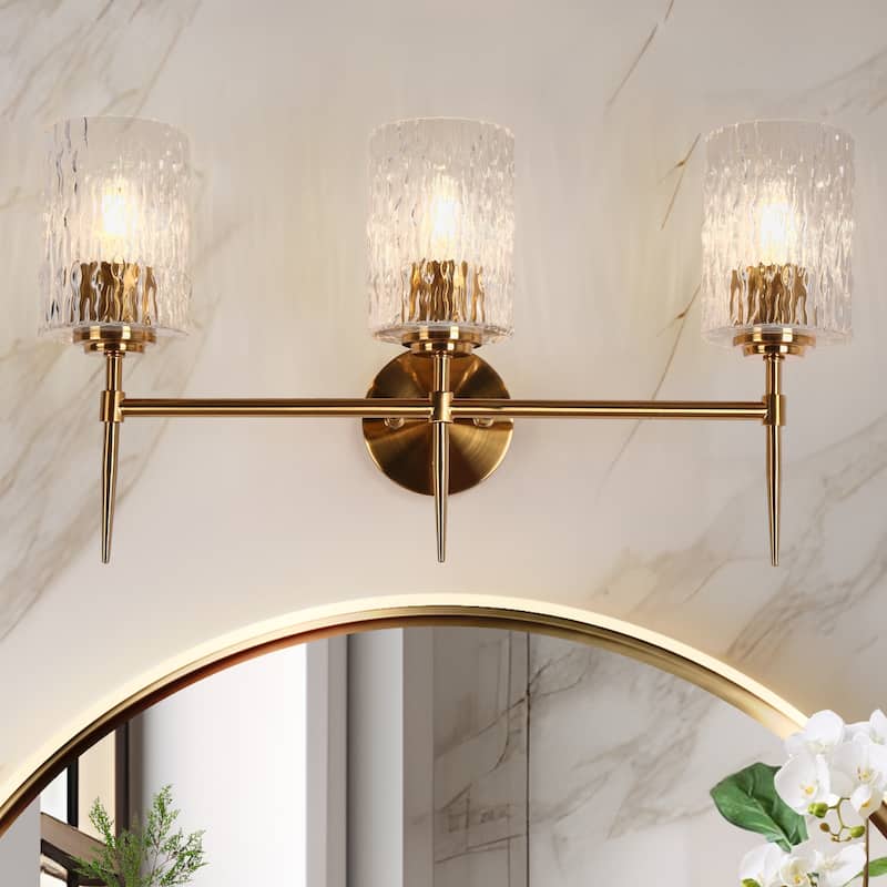 Modern 3-Light Gold Glam Bathroom Vanity Lights Textured Glass Wall Sconces - L 23.6" x H 12.6"