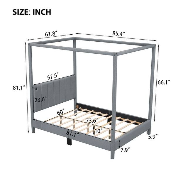 dimension image slide 3 of 4, Canvas-upholstered Canopy Bed - Platform Wingback Bed Frame with USB, Type-C Ports Headboard, 4 Canopy Columns, 2 Sides Pocket