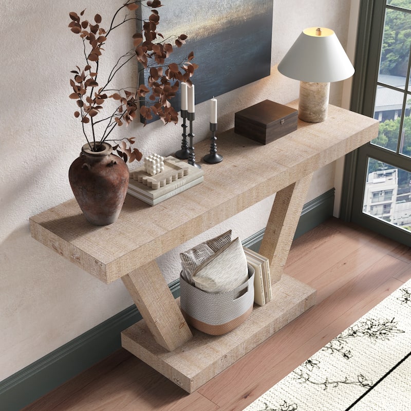 Wood Entryway Bench with 2-Tier Solid Wood Veneer Storage Cabinet, Rustic Wide Design for Hallway