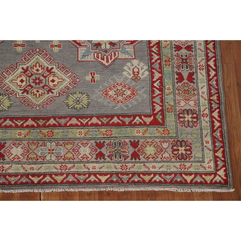 Gray Geometric Kazak Oriental Area Rug Handmade Wool Carpet - 5'7" x 7'11"