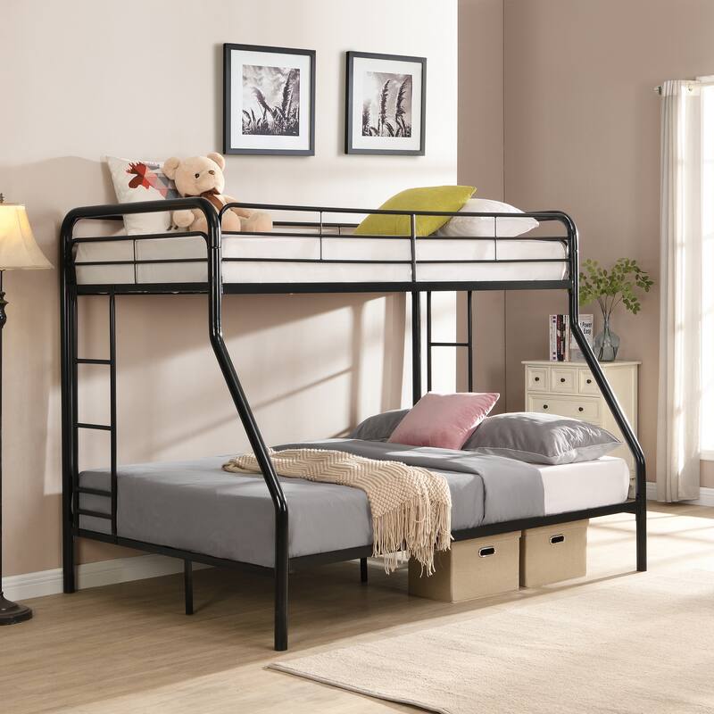 Twin Over Full Metal Bunk Bed w/Safety Guardrails and Ladders, Black - Black