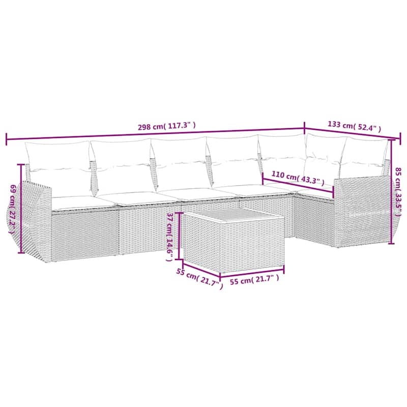 vidaXL Patio Sofa Set with Cushions Outdoor Furniture 7 Piece Poly Rattan - 24.4x 24.4x 27.2